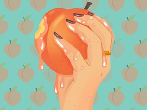 Illustration of a hand holding a bitten-into peach