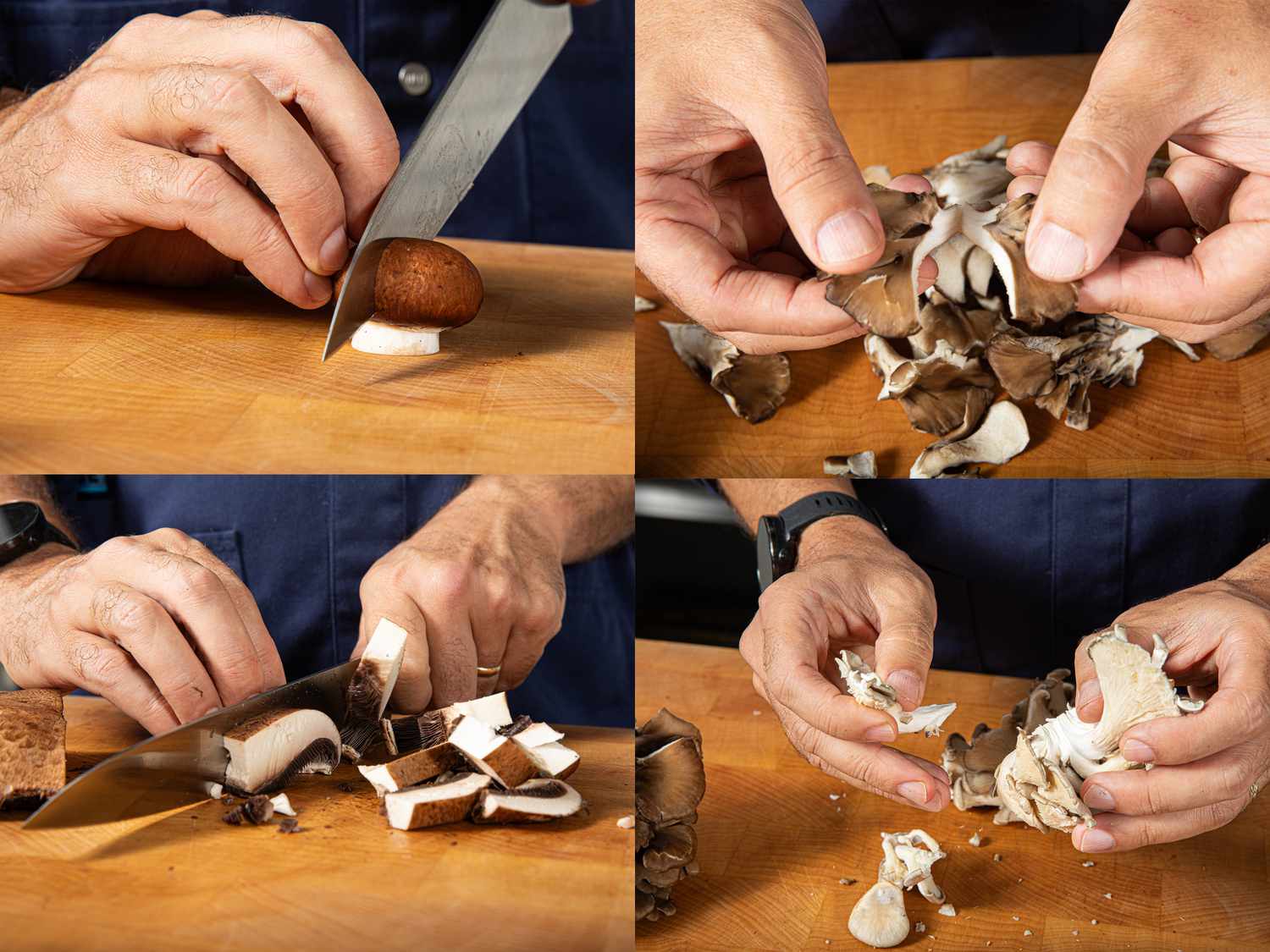 Four image collage of cutting mushrooms