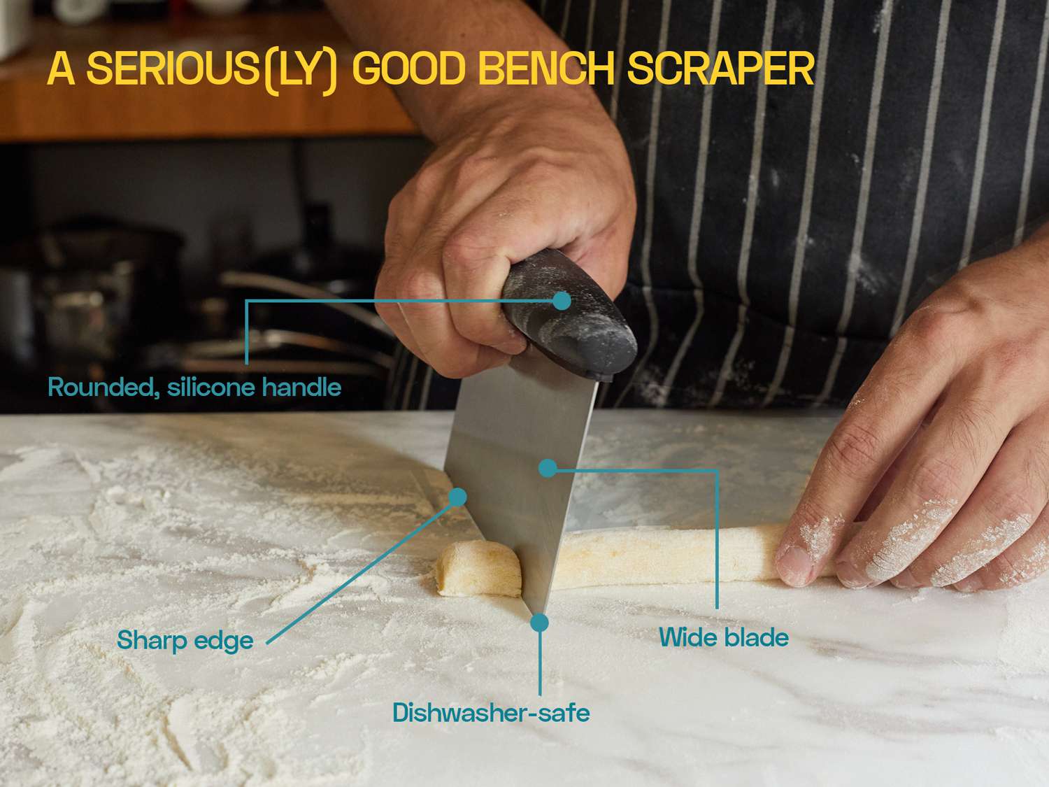 A bench scraper cutting gnocchi with text points around it