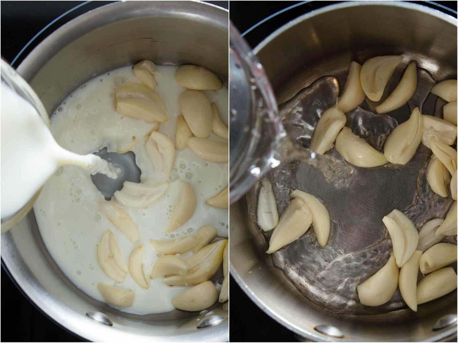 两张照片的拼贴，分别显示牛奶和水，被添加到一罐大蒜瓣gydF4y2Ba