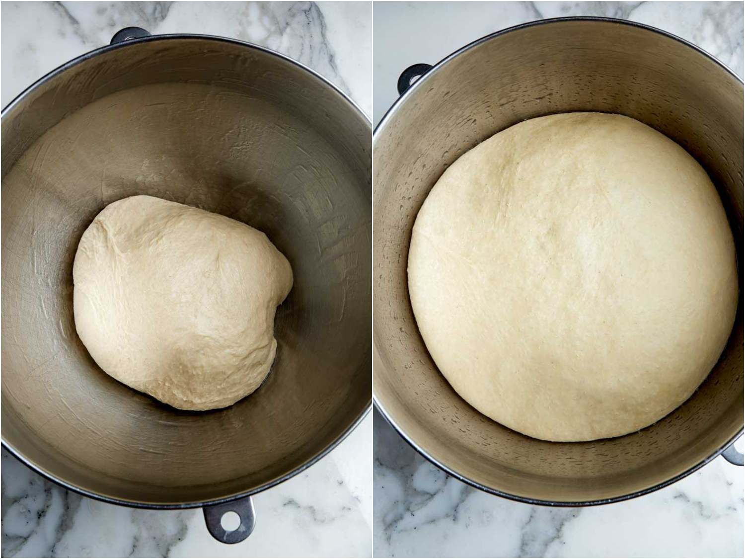Apple cider doughnut dough before and after its first rise in the bowl, where it more than doubles in bulk