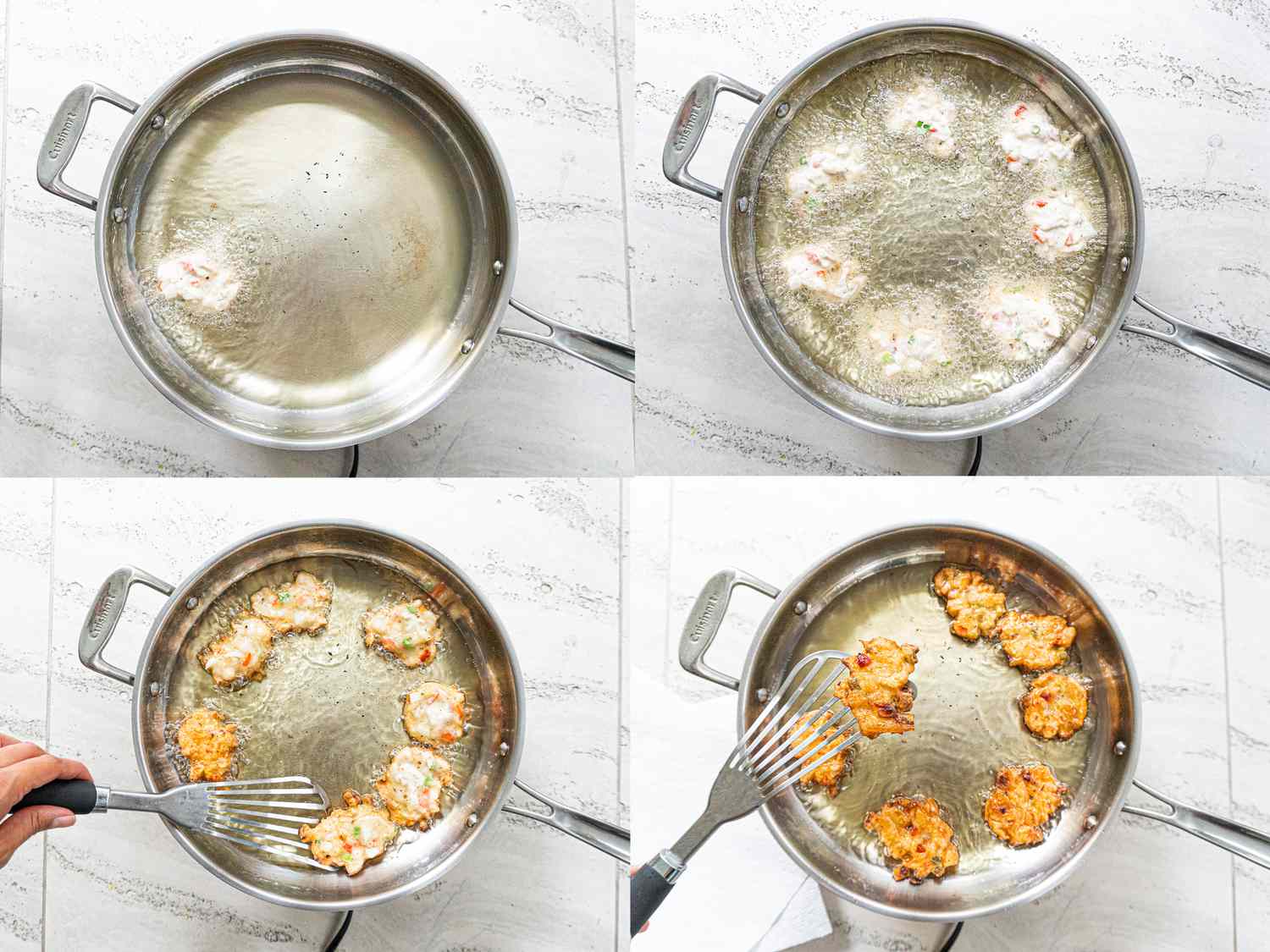 Salt fish fritters frying and flipping in a pan.