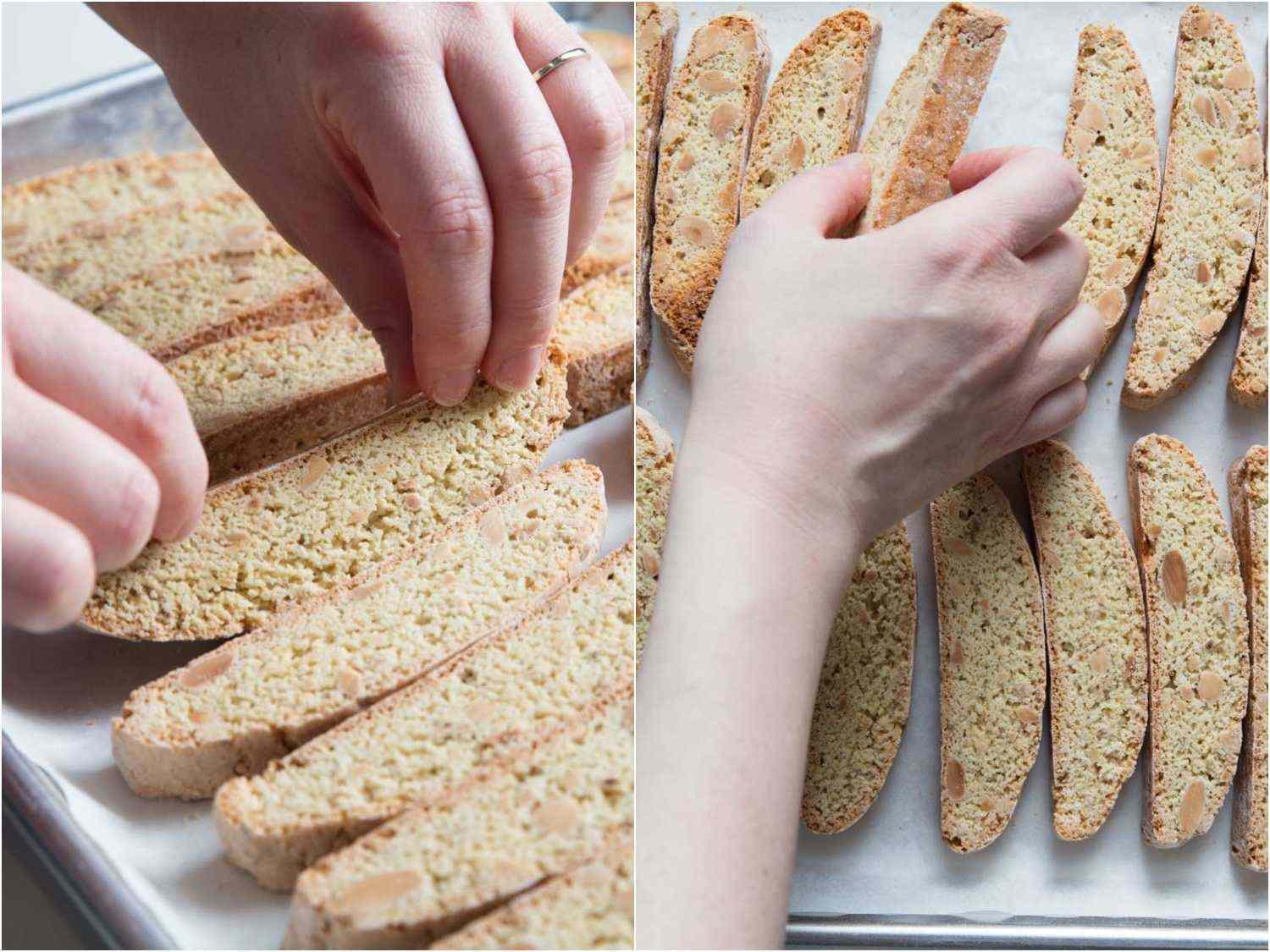 Flipping the biscotti to bake the other side