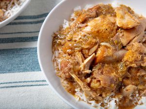 Close up image of lowcounty stew chicken over rice