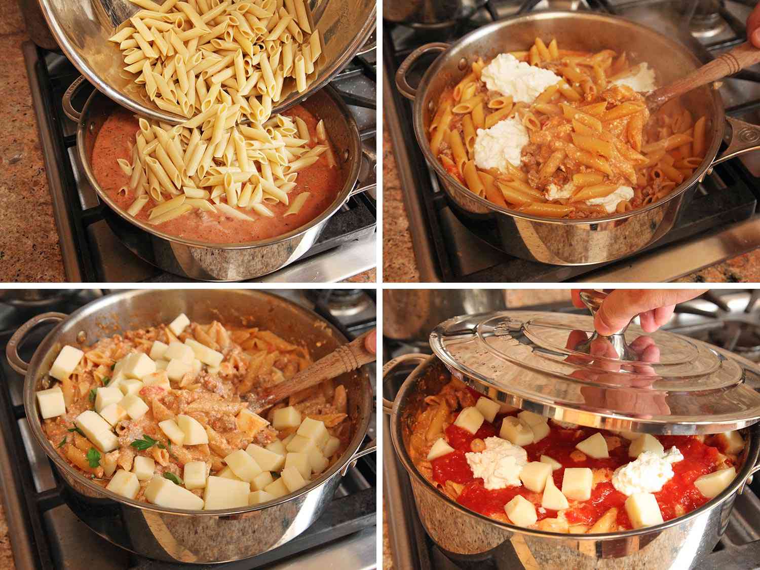 拼贴:在酱汁中加入意大利面，在酱汁中加入意大利乳清干酪和马苏里拉奶酪，盖上锅盖。