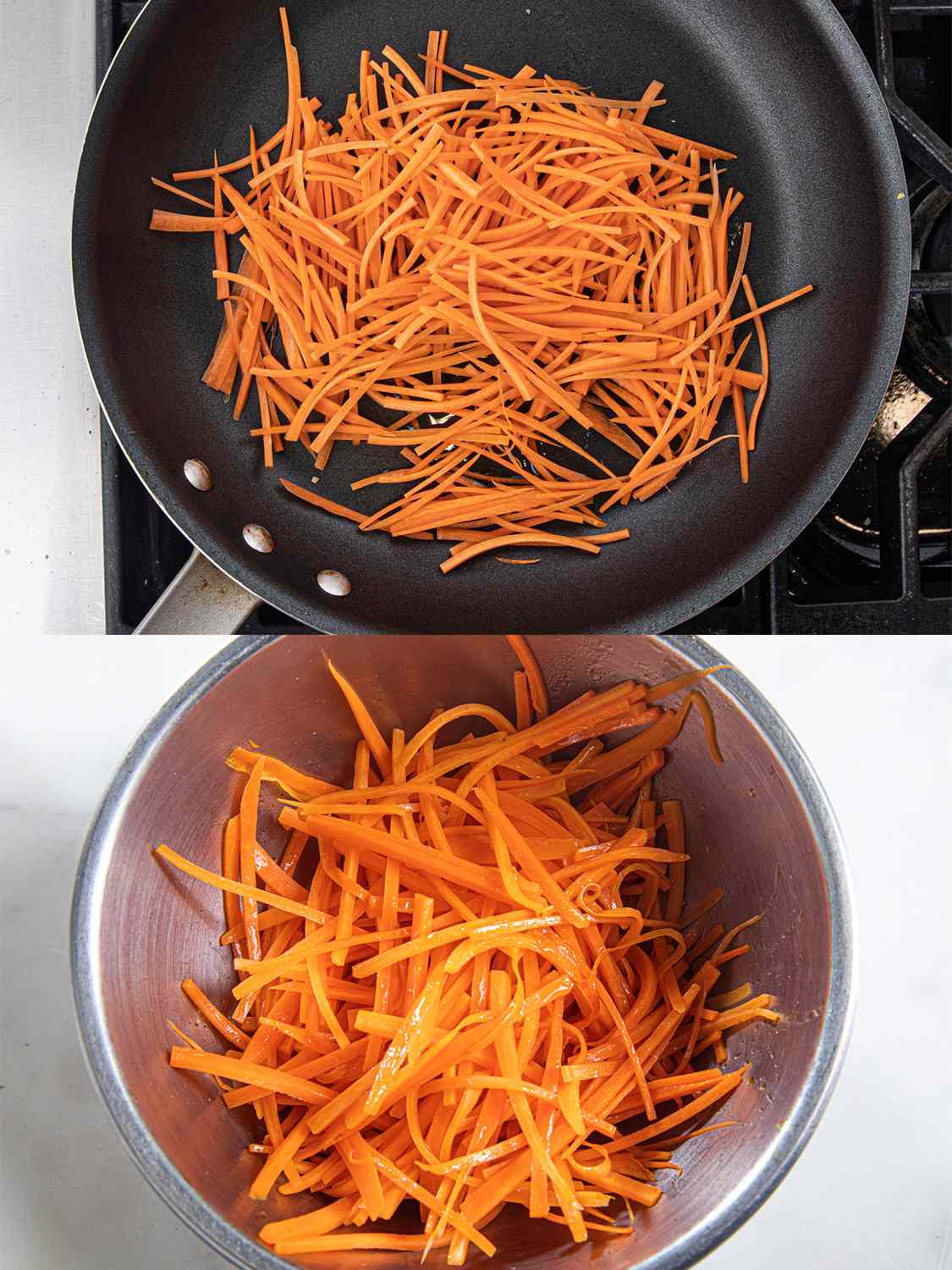 两幅拼贴图，胡萝卜在平底锅里煮，然后被转移到一个金属碗里