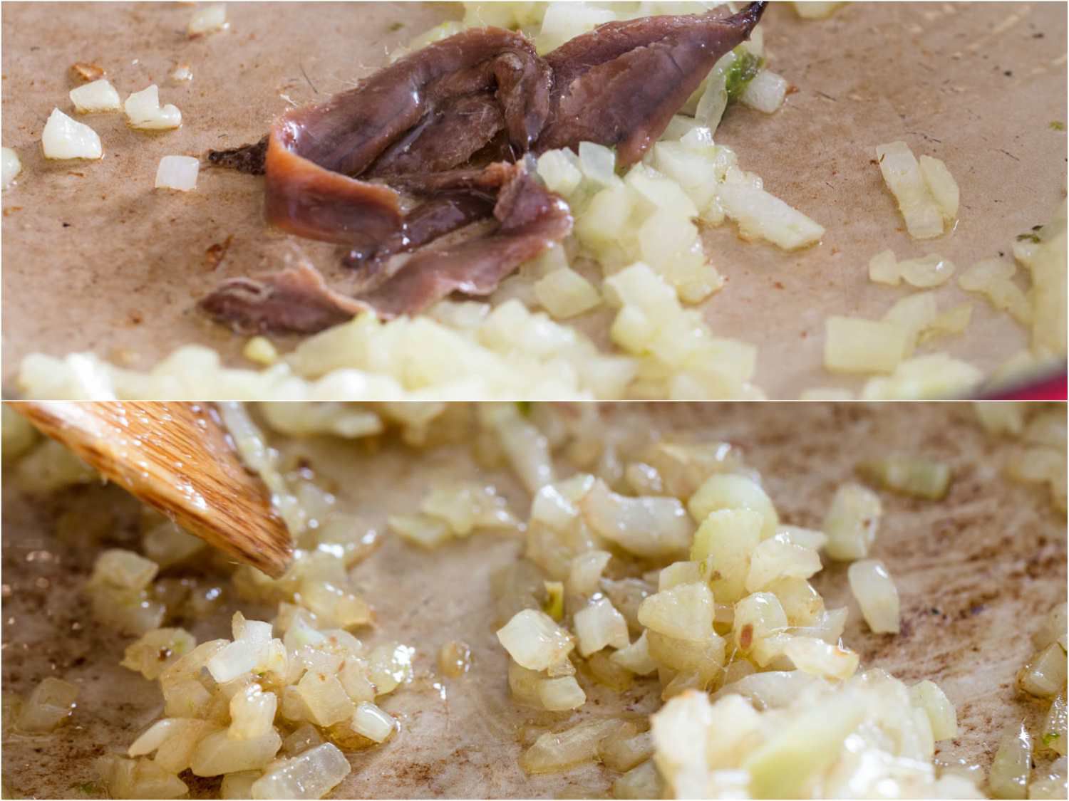 凤尾鱼拼贴在平底锅里与剁碎的茴香一起烹饪gydF4y2Ba