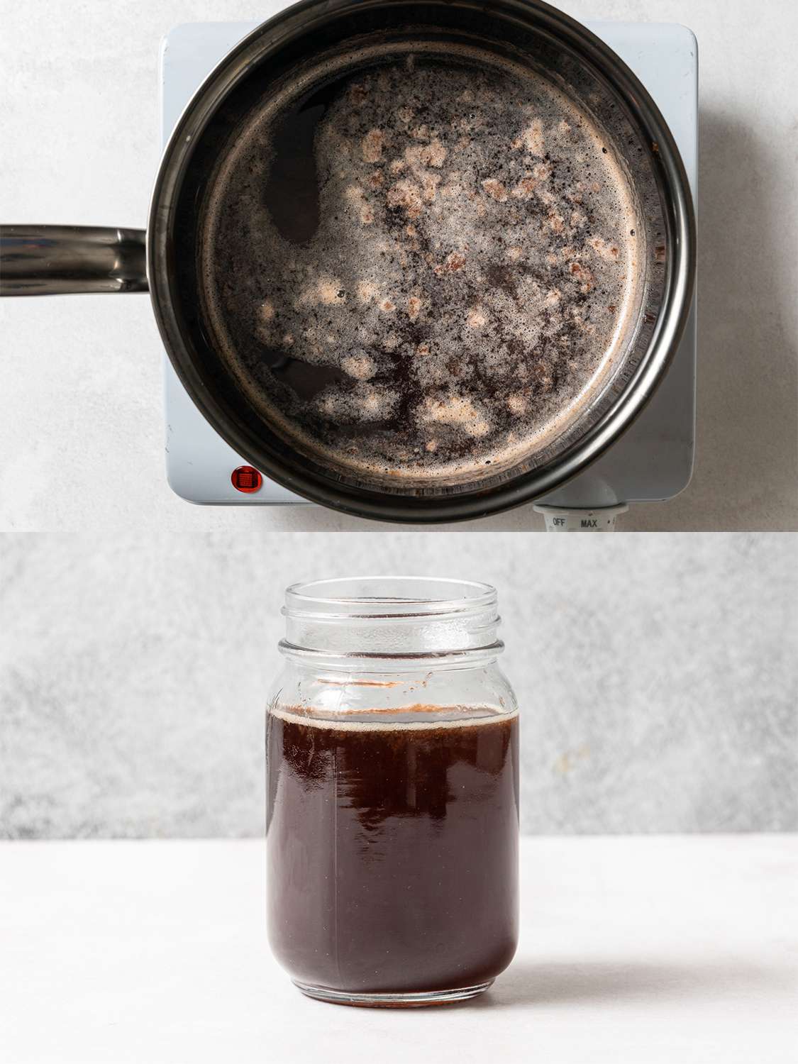 两个影像拼贴。上面的图片显示了保留的樱桃汁，水和糖在不锈钢炖锅里沸腾。下面的图片显示的是现在已经冷却的樱桃糖浆在一个单独的玻璃瓶里。