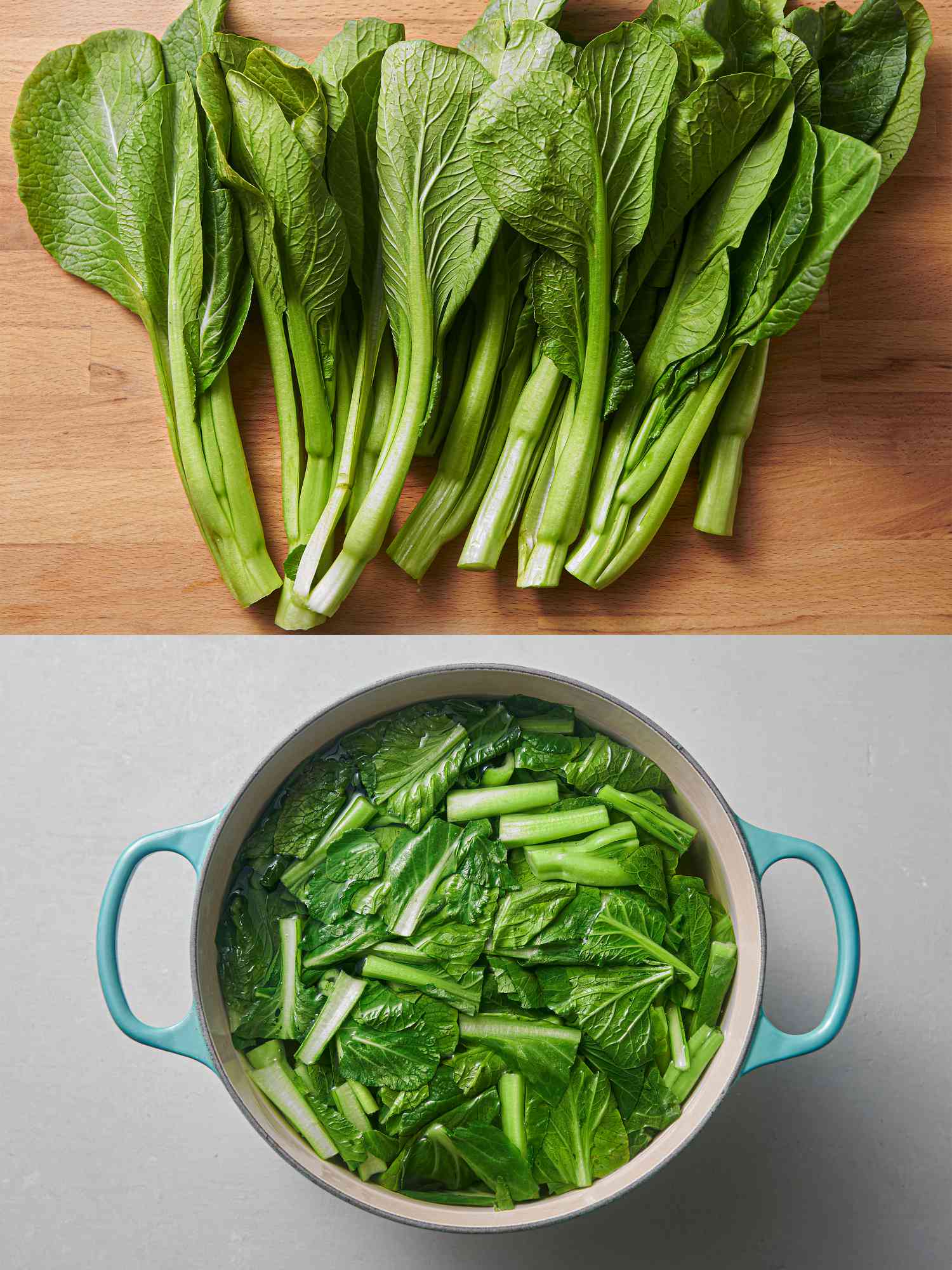 Uncut lengths of choy sum and chopped 2-inch lengths of choy sum