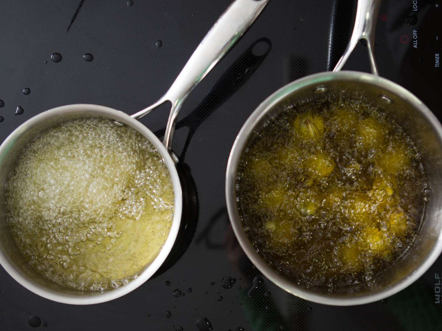 Side-by-side comparison of deep-frying in canola and olive oils.