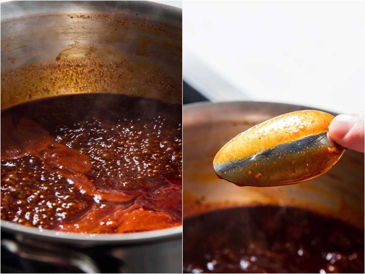 小火煨着的红酱和涂了油的勺子并排的照片gydF4y2Ba