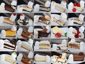 A collage of 25 slices of Cheesecake Factory cheesecakes.