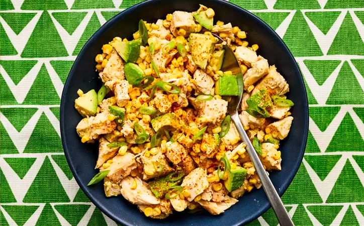 Overhead view of chicken salad with avocado