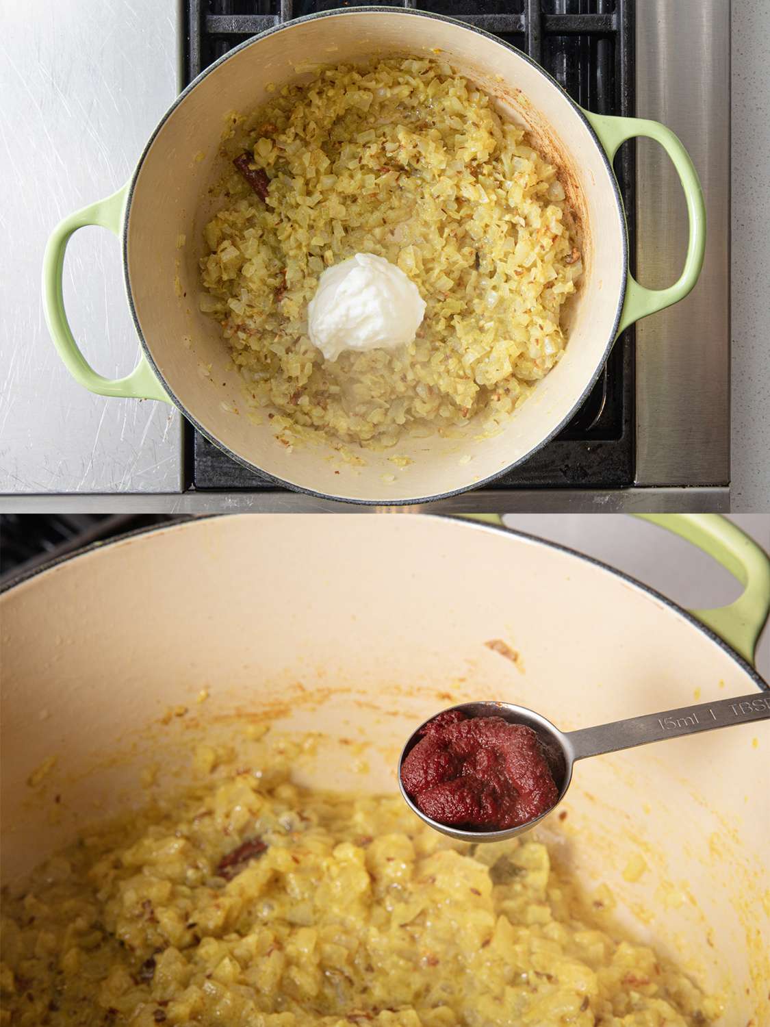 两个图像拼贴。上图:头顶上的酸奶加入荷兰烤箱。下图:即将加入番茄酱的侧角视图。