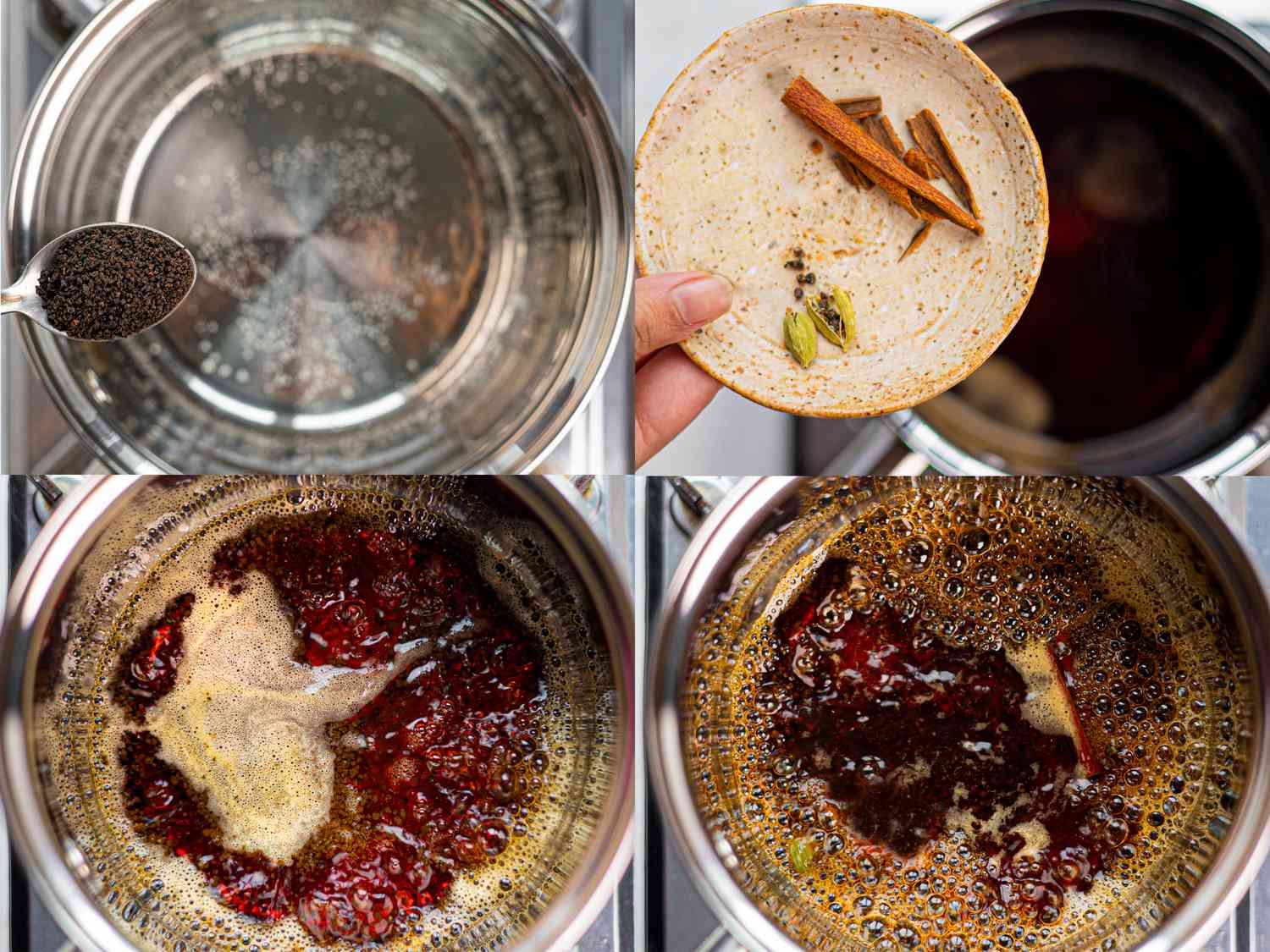Four image collage of boiling tea