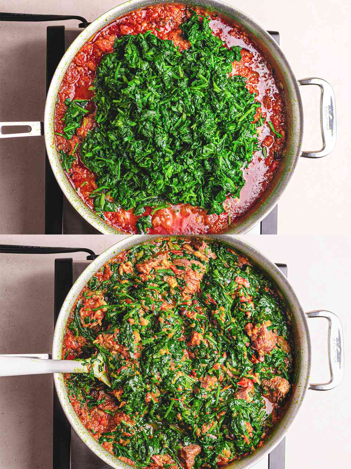 Two image collage of overhead view of adding greens and it being mixed into the stew.