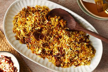 Overhead view of lamb biryani