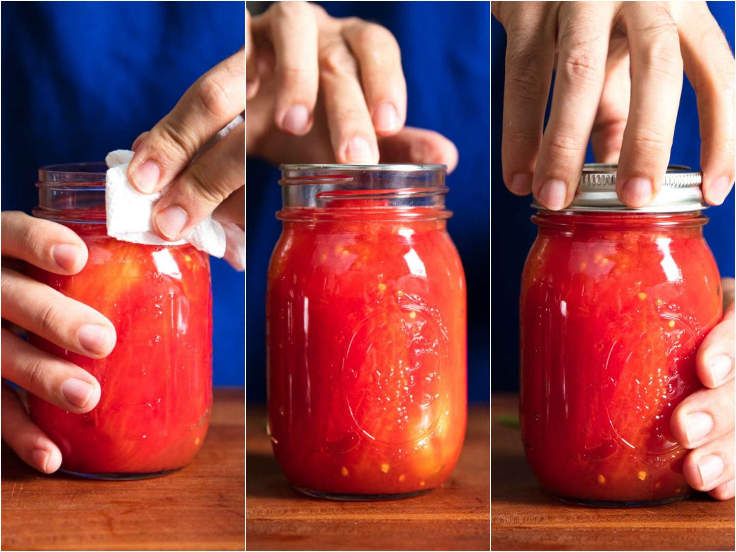 Collage of closing jars of tomatoes for canning: wiping rim of jar, placing lid on top, screwing on ring