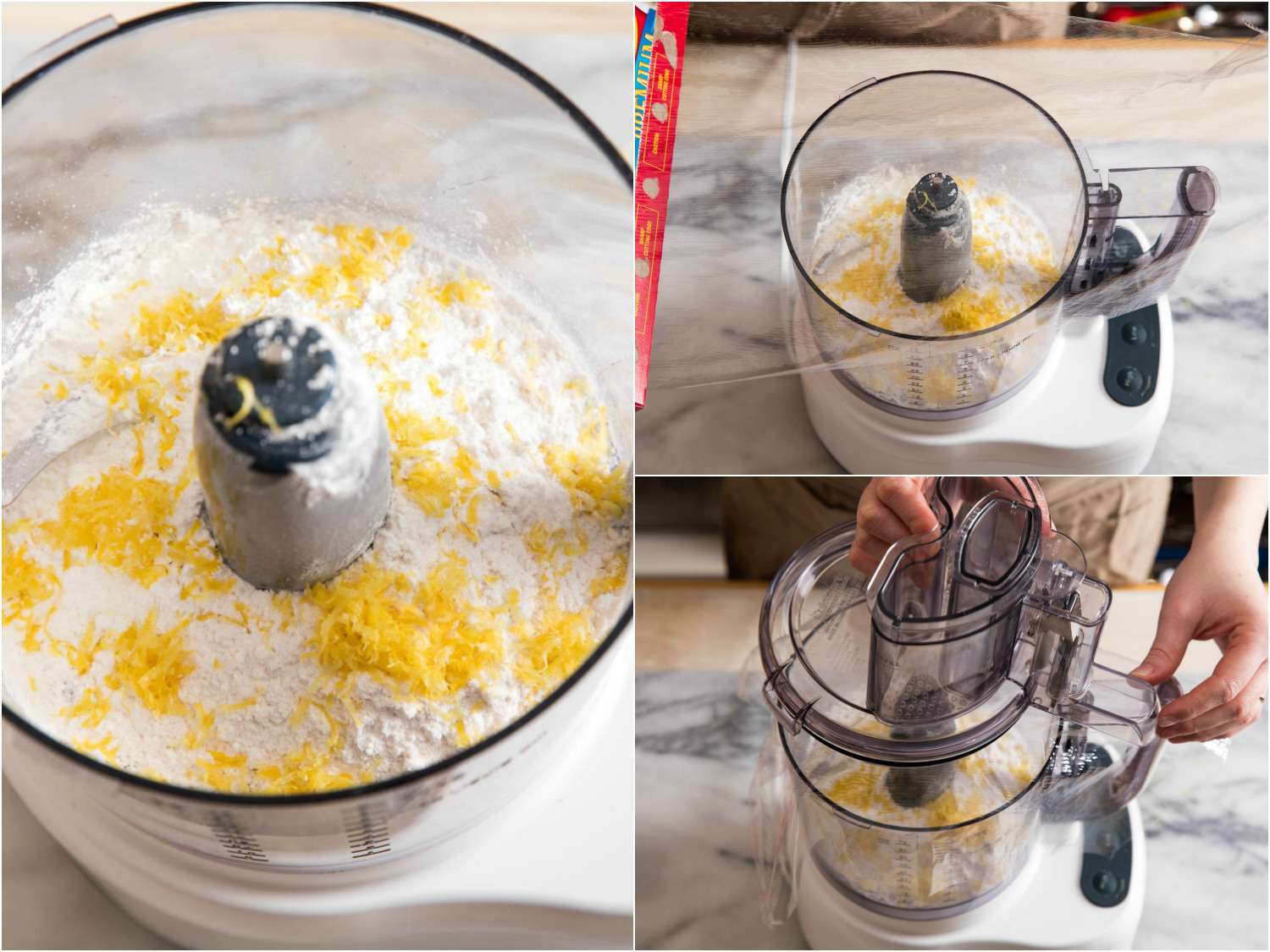 A collage of lemon meltaway dough being made in a food processor