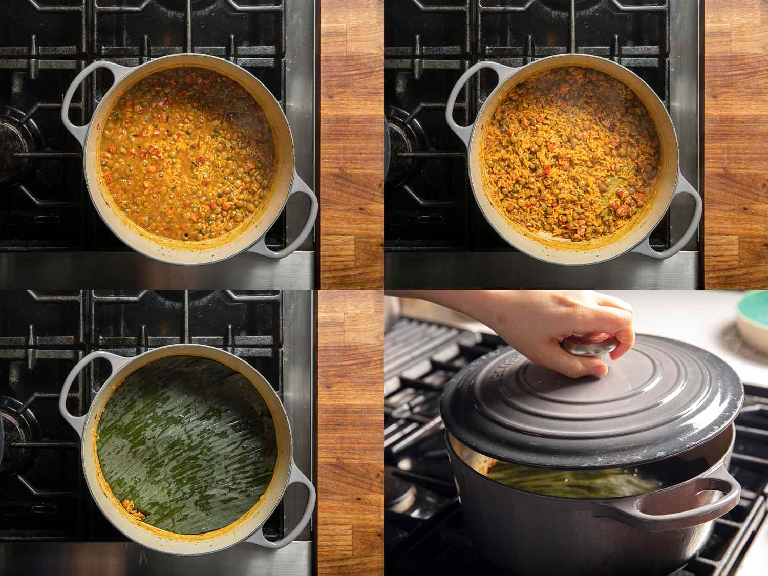 四幅图片拼贴豌豆和米饭混合在锅里沸腾，大部分液体被吸收，一片香蕉叶盖在锅上，并盖上盖子。在锅上