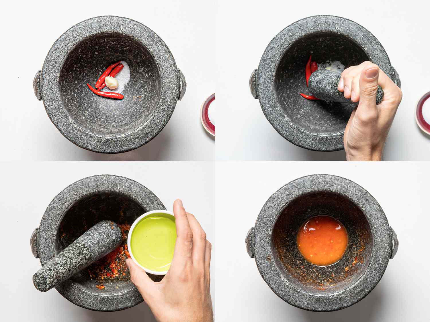 四个图像拼贴的原料被研钵和杵磨，酸橙汁被添加和完华体会应用下载成酱汁。