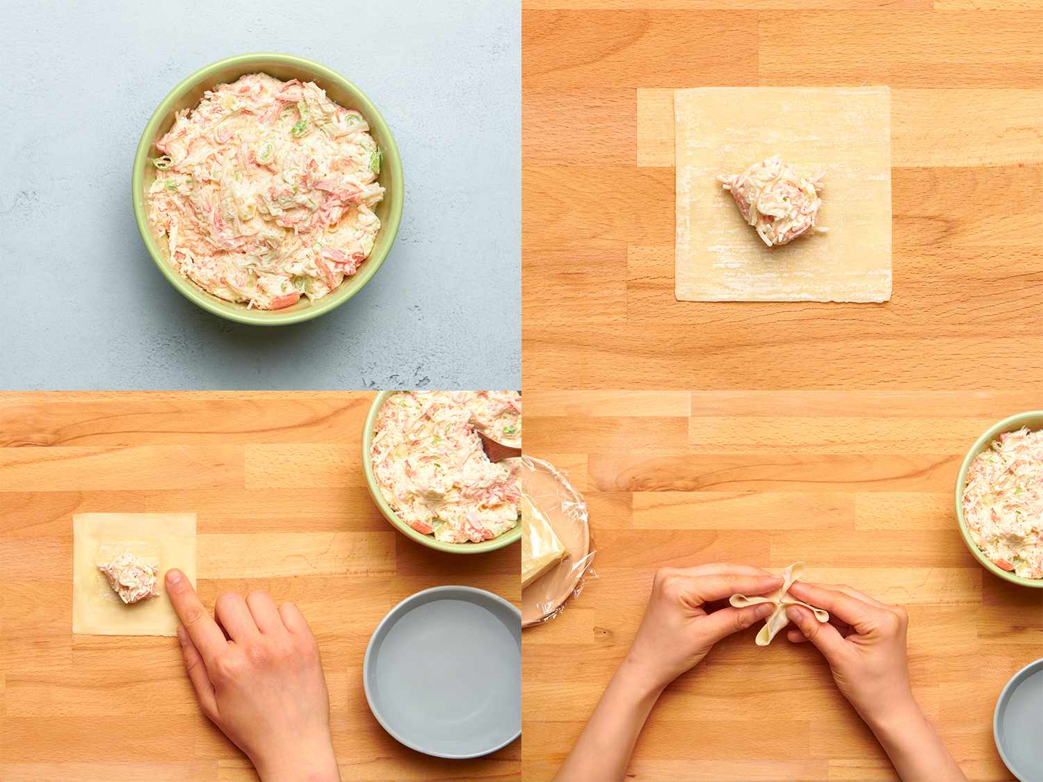 四张拼贴图展示了正在组装的蟹肉仰光。左上:奶油奶酪，螃蟹和葱混合在一个中等大小的碗里(折叠后)。右上:少量馅料(约1 Â½茶匙)放在放在案板上的馄饨皮的中央。左下:用湿润的指尖蘸上一团馅料，湿润馄饨的边缘。右下:把馅好的馄饨的四个边向中心推，形成一个四角星。