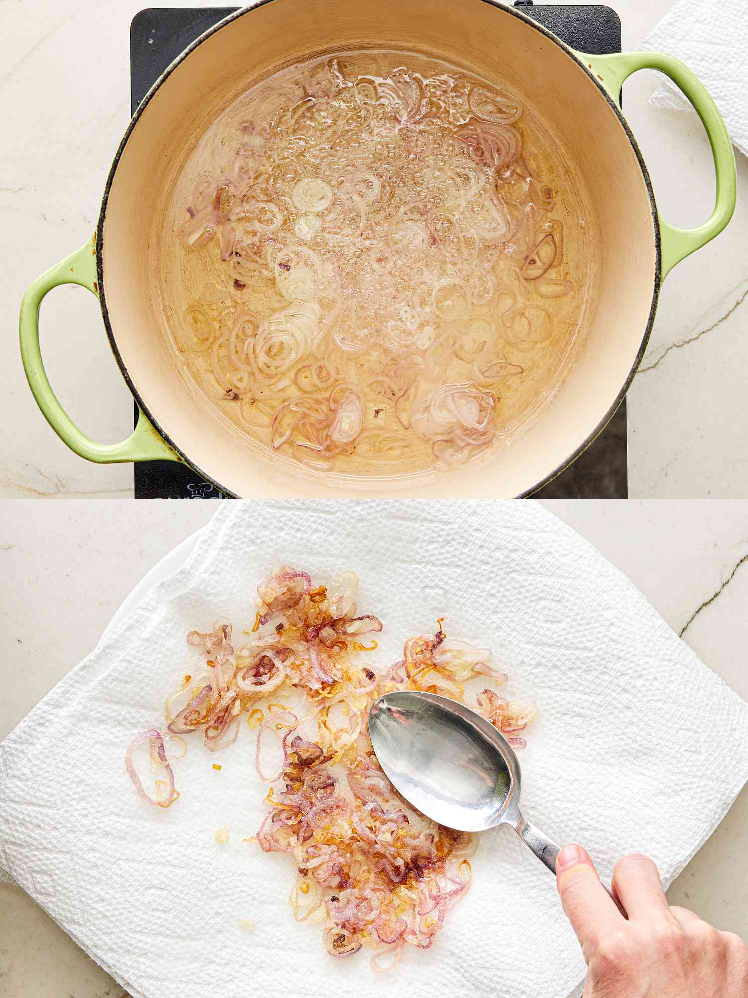 Two image collage of frying and crushing shallots