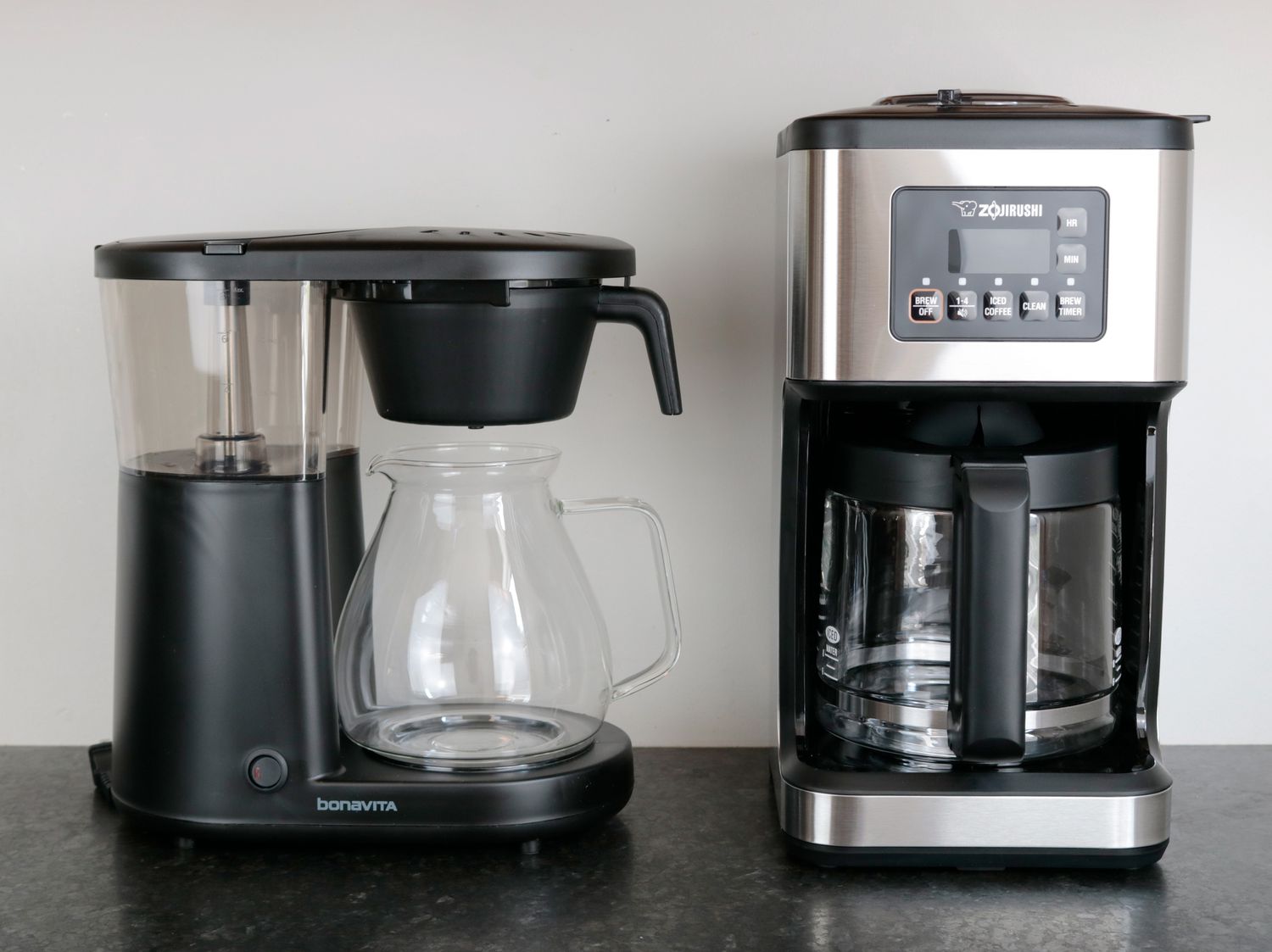 a Bonavita coffee maker next to a Zojirushi coffee maker