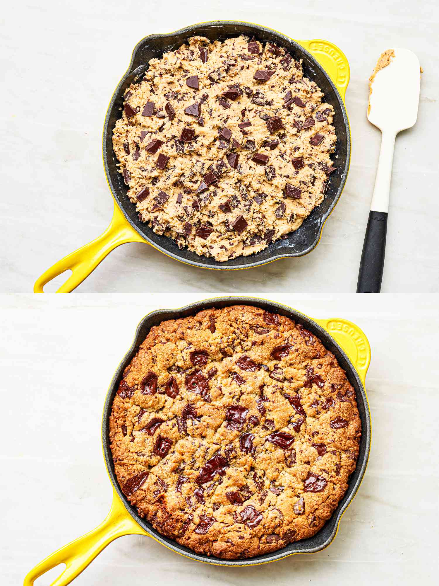 Two image collage of before and after cookie dough cooks in skillet