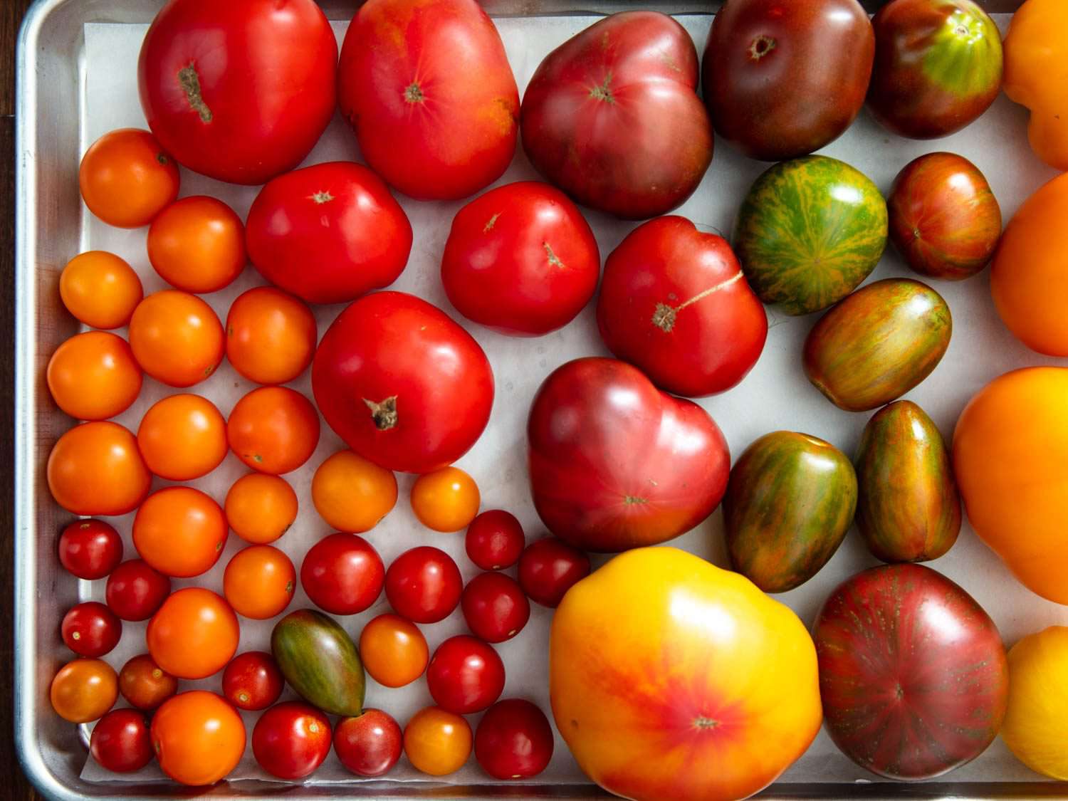 俯视一盘不同大小和颜色的西红柿。