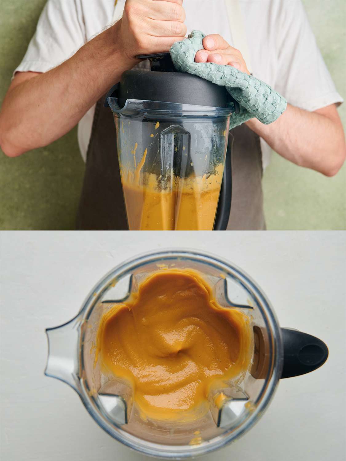 A two-image collage. The top image shows a person holding towel down firmly on top of the high speed blender, with the blending stick (which helps to move ingredients around while the blender runs) inside of the blender. The bottom image shows the completely smooth mixture inside of the blender bowl.