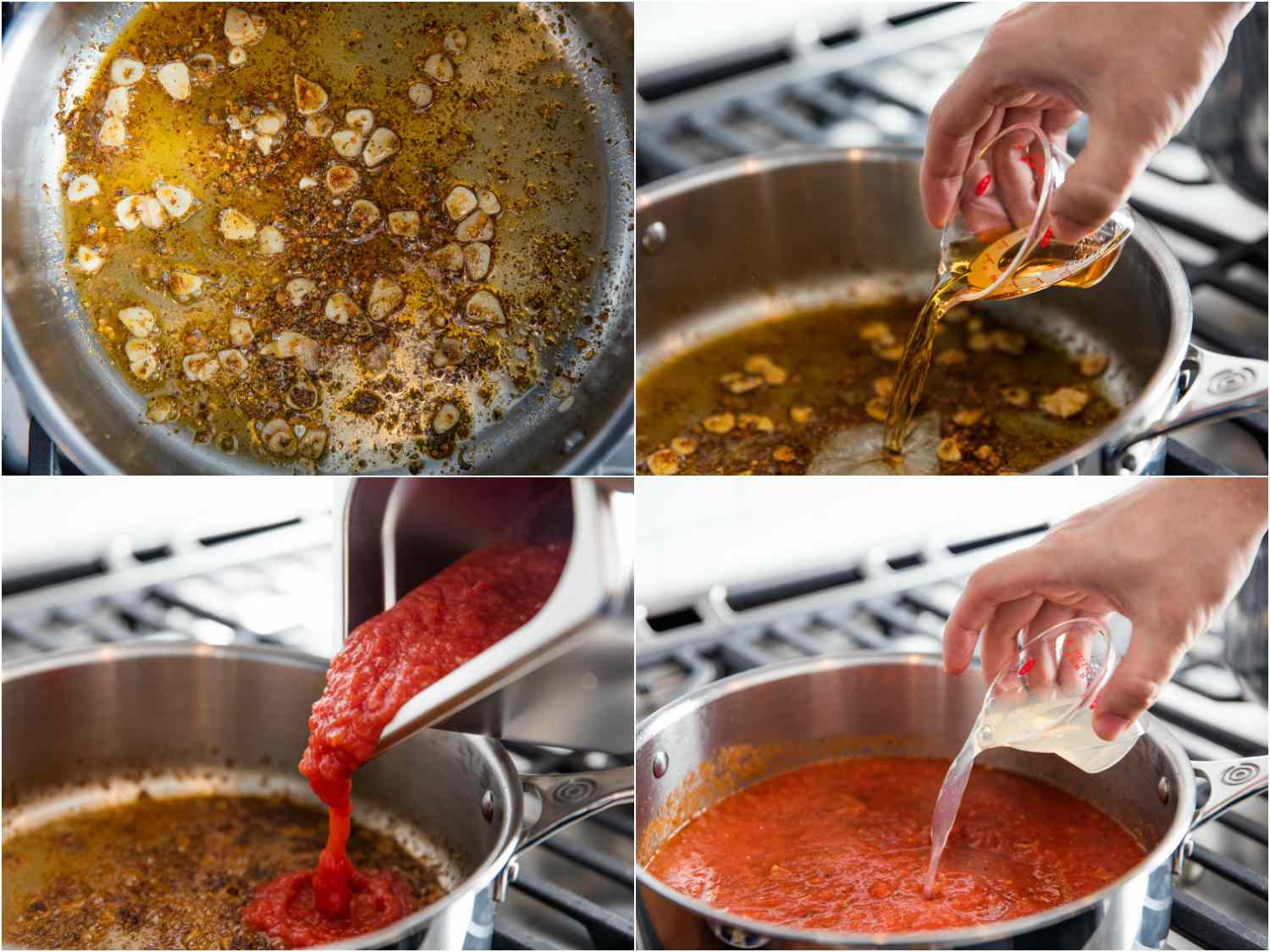 四张照片拼贴:sautéing橄榄油蒜，锅里加白兰地，加番茄，加蛤蜊汁。gydF4y2Ba