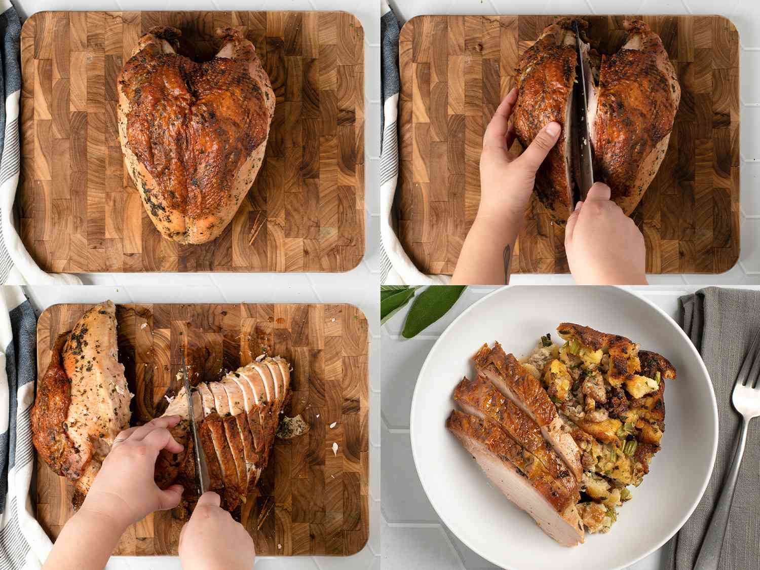 一幅四张图片的拼贴画，展示了烤火鸡胸在切菜板上被切成薄片，然后连同馅料一起被盛在碗里。