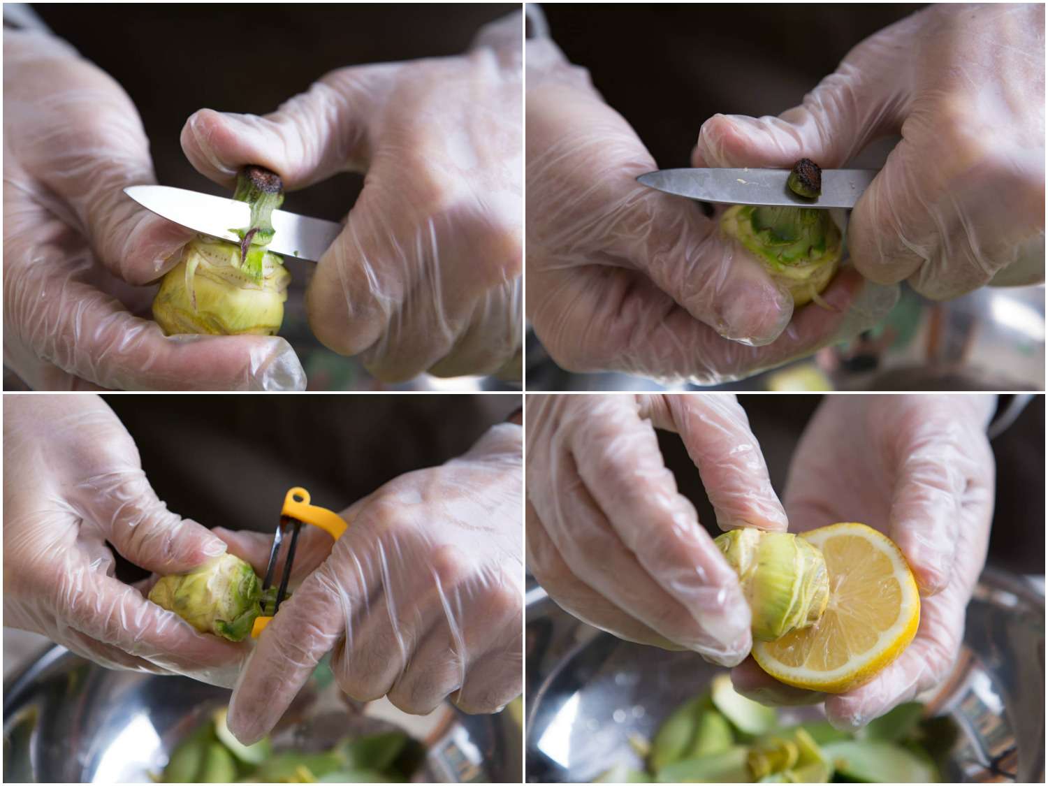 在洗干净的小朝鲜蓟上拼贴修剪茎:用削皮刀切下坚韧的绿色茎，用y形削皮器削皮，用柠檬擦干净的朝鲜蓟