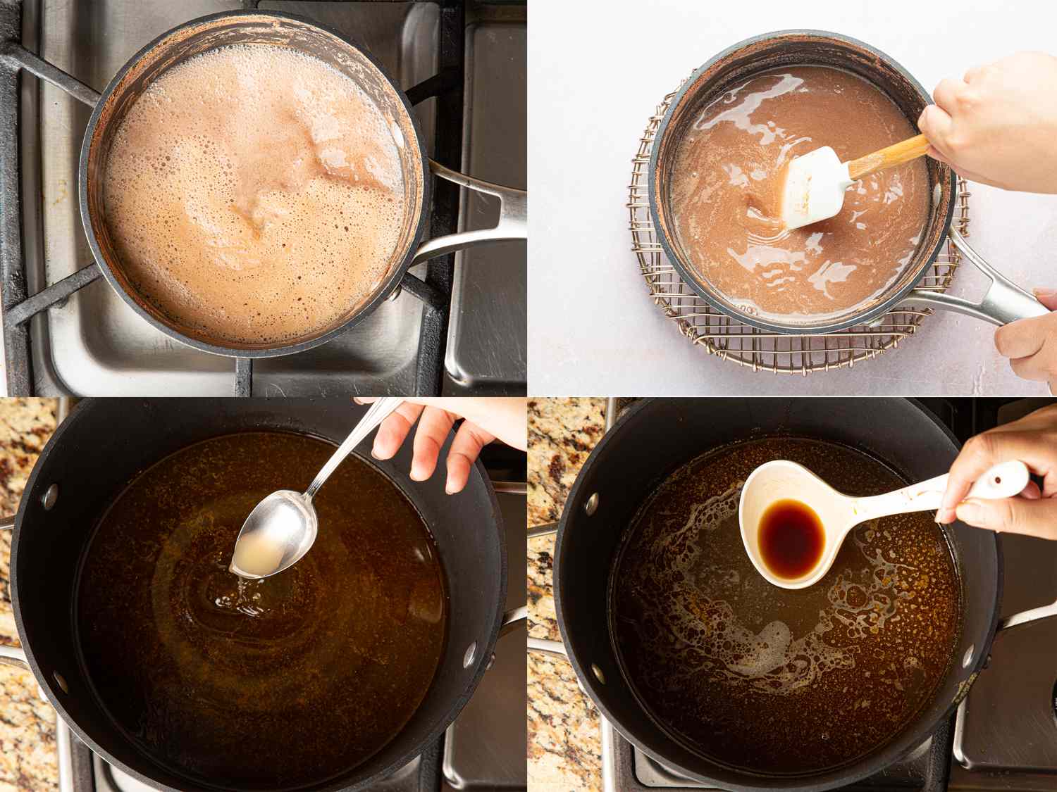 Four image collage of adding shrimp paste and combing with broth and fish sauce