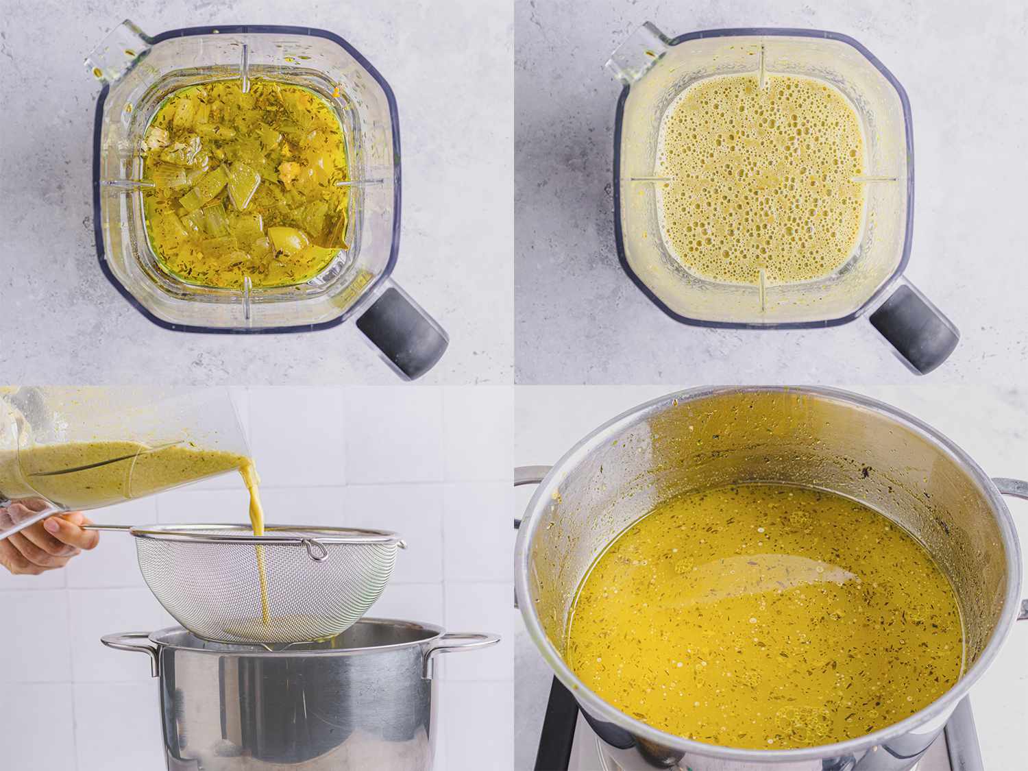 四图像拼贴。左上:未混合的高汤在搅拌机里。右上:在搅拌器中混合的高汤。左下:将高汤通过过滤器倒回锅中。右下:在锅中完成的高汤gydF4y2Ba
