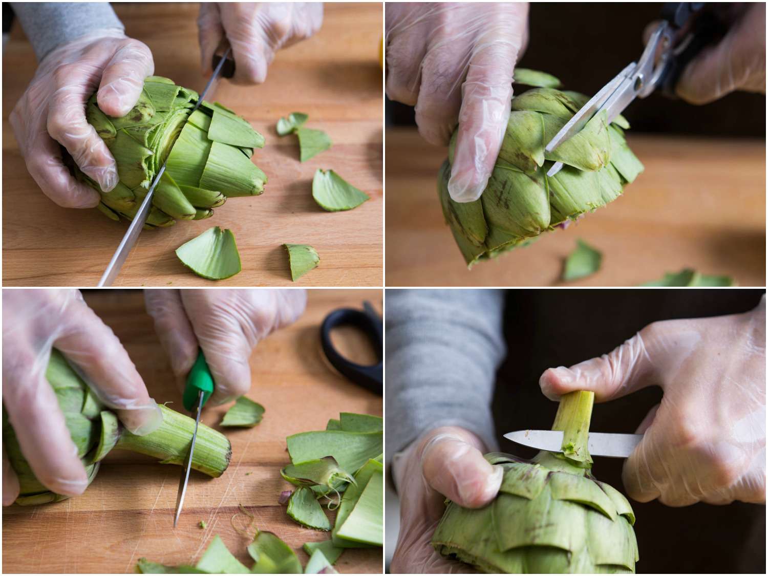 Collage of trimming an artichoke for steaming: slicing off top, trimming thorny tips of leaves with shears, slicing off stem, and peeling stem.