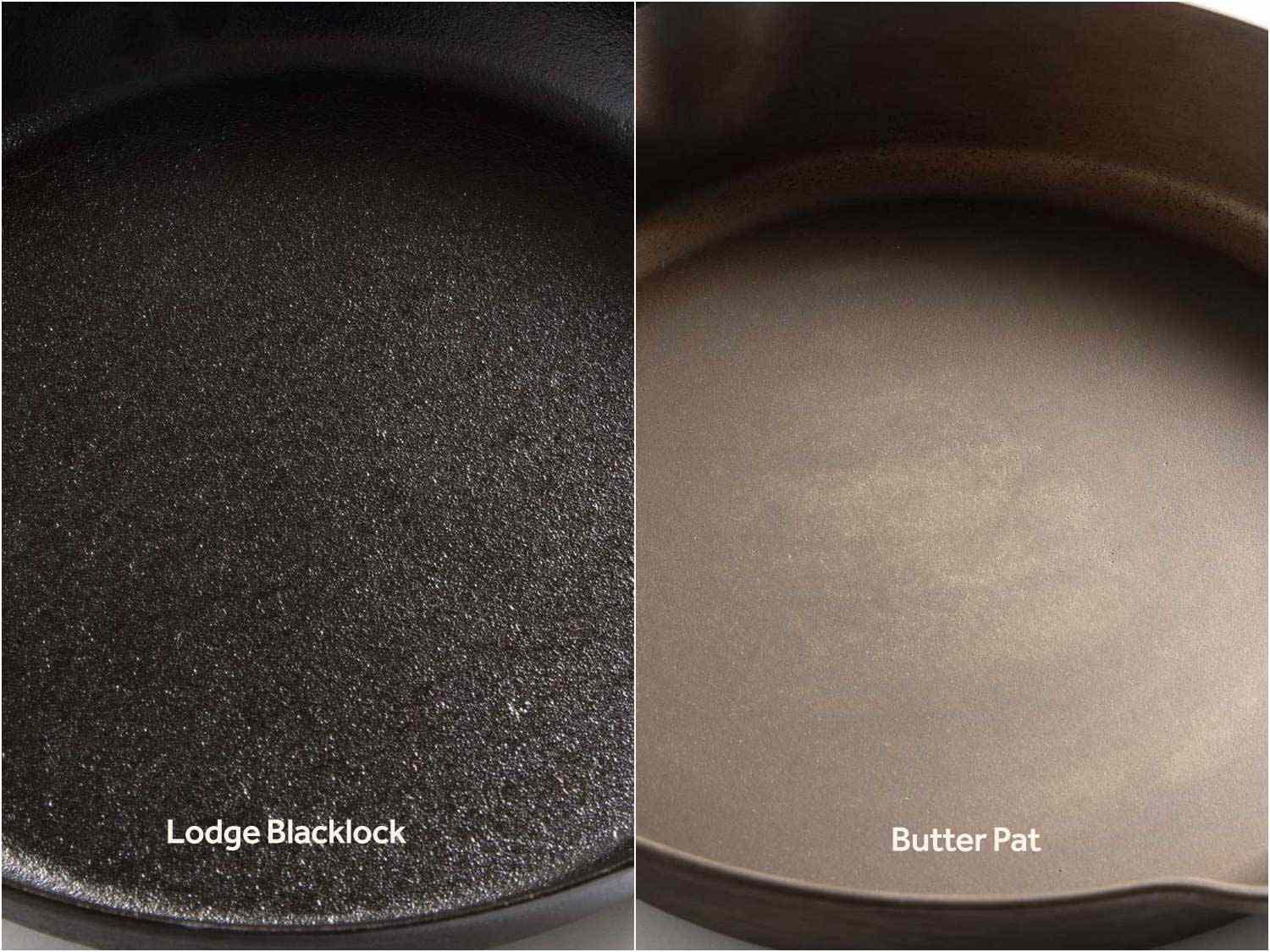 对比两种铸铁煎锅的表面，可以看出表面质地的不同(洛奇煎锅更粗糙，黄油煎锅更光滑)和调味程度的不同(洛奇煎锅的黑色更深，说明调味料更多，而黄油煎锅的棕色更多，说明调味料更少)。