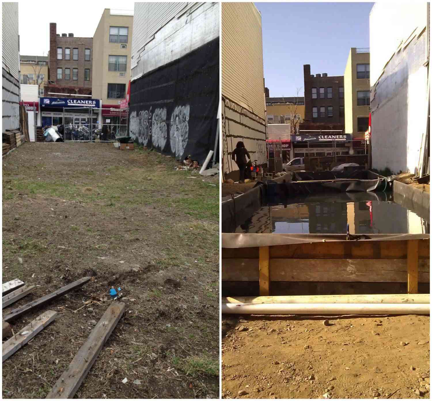 Side-by-side photos of lot in which Oko Farms exists. From left to right: Before photo of empty lot; photo of farm in process of building, with a large basin of water where the empty lot once was.