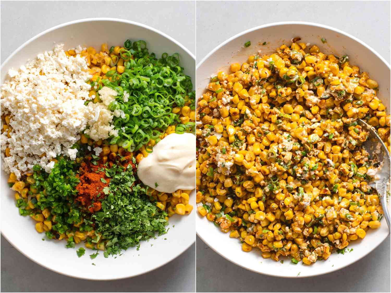 A two-image collage of the esquites before all of the ingredients are mixed in. The left image shows the ingredients on top of the charred corn, and the right image shows the dish completely mixed together.