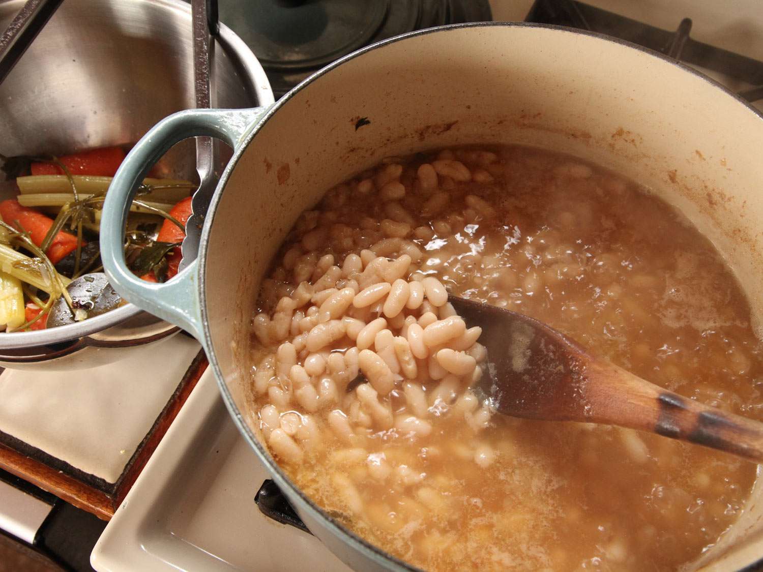 Simmering cannellini beans in a Dutch oven for cassoulet.