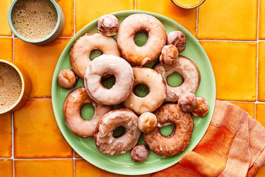 Overhead view of glazed donuts