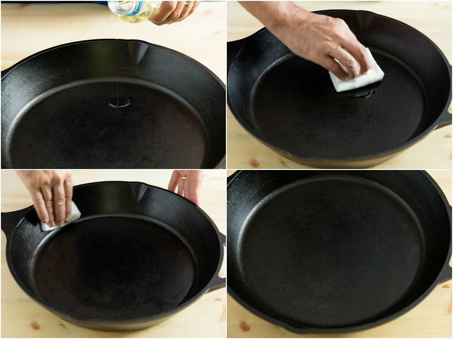 照片拼贴显示了在铸铁锅上擦油的四个阶段。