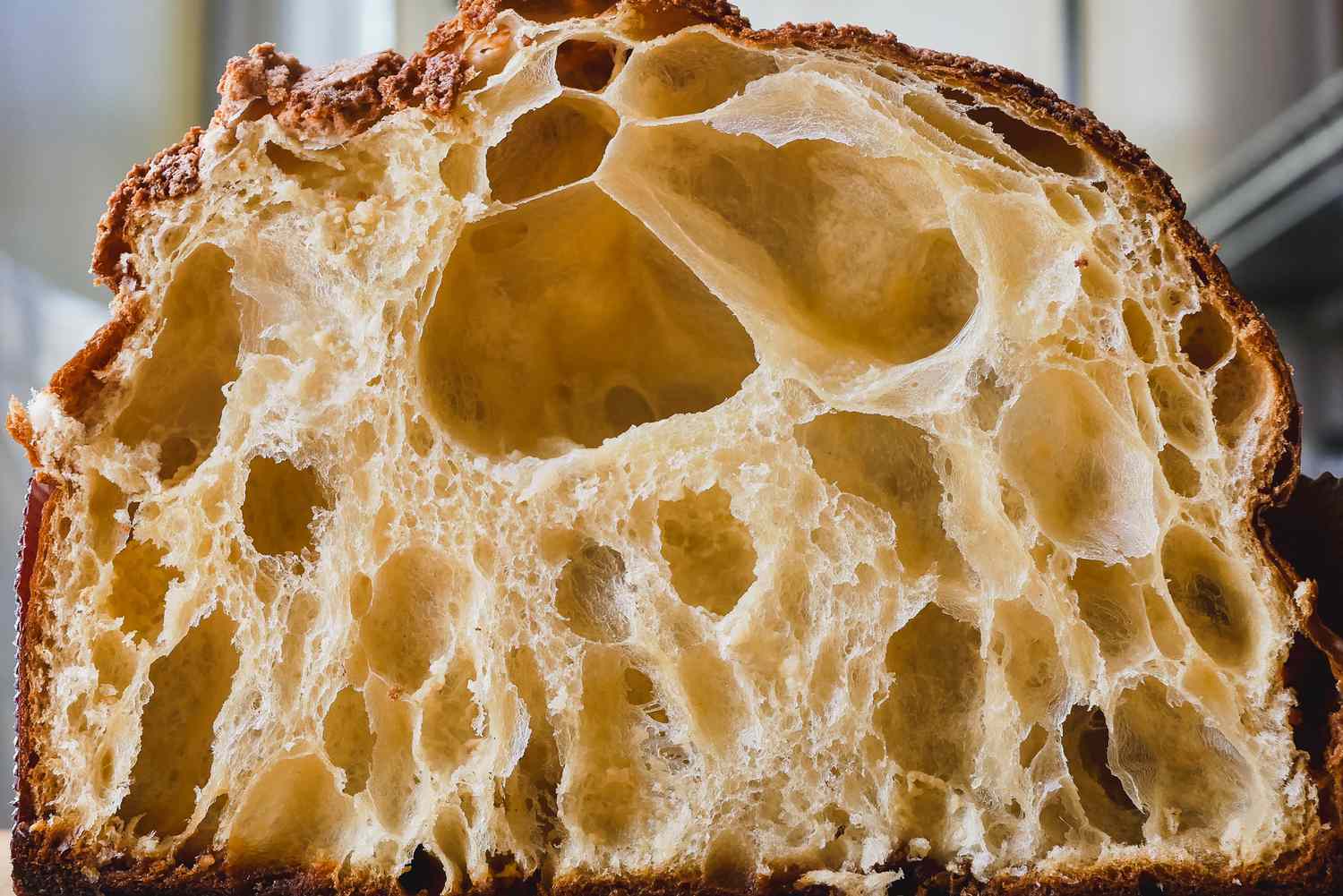 a closeup look at the cross section of a baked loaf of bread