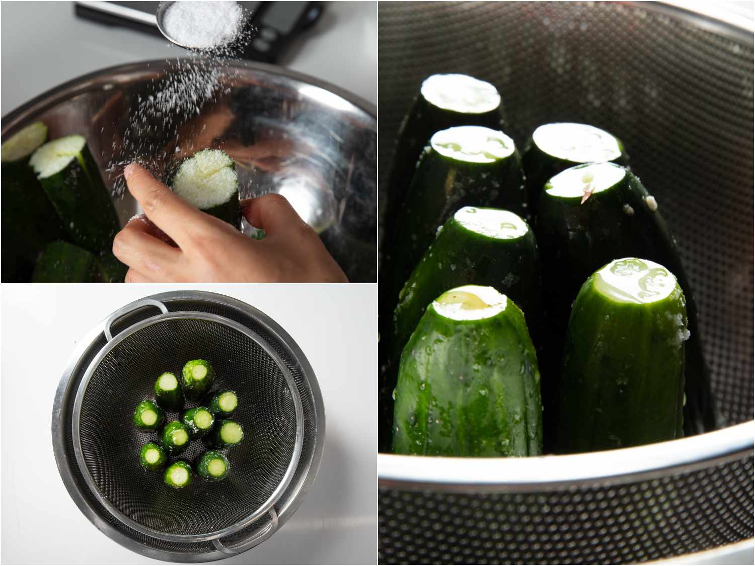 将黄瓜拼贴腌制，用滤锅沥干水分。