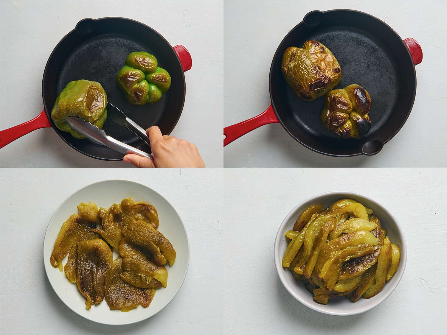 A four-image collage. The top left image shows the green peppers inside of a cast iron skillet after cooking for 20 minutes. The peppers are being turned with a pair of tongs. The top right image shows the green peppers, now flipped over after cooking for 40 minutes, showing they are browned and softened. The bottom left image shows the cooled green peppers after the skin, stems, and seeds have been removed, but with the peppers not yet sliced. The bottom right image shows the green peppers now sliced into quarter-inch thick strips.