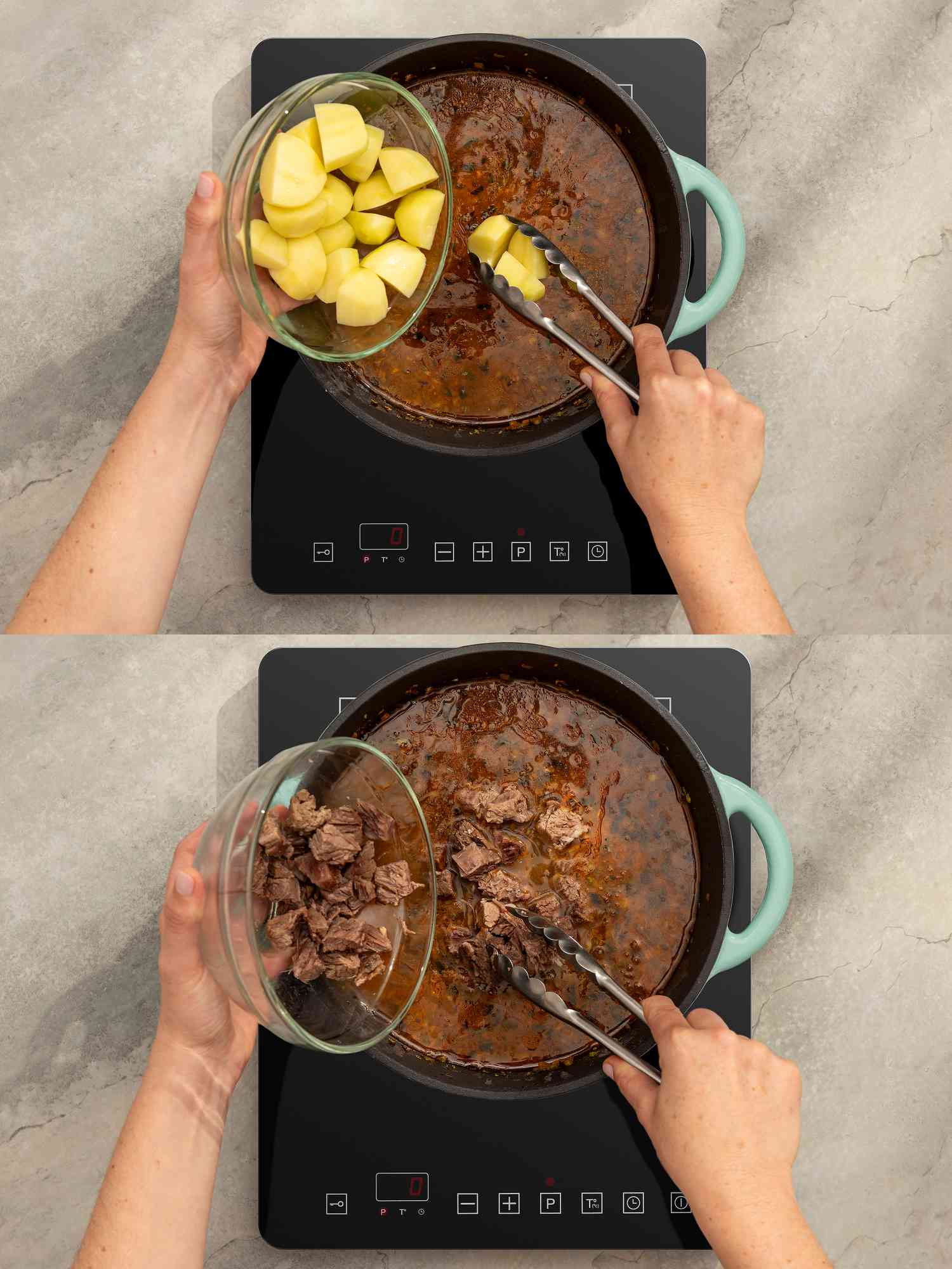 Two image collage of adding potatoes and and meat to soup