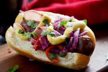 Grilled bratwurst with warm German potato slaw