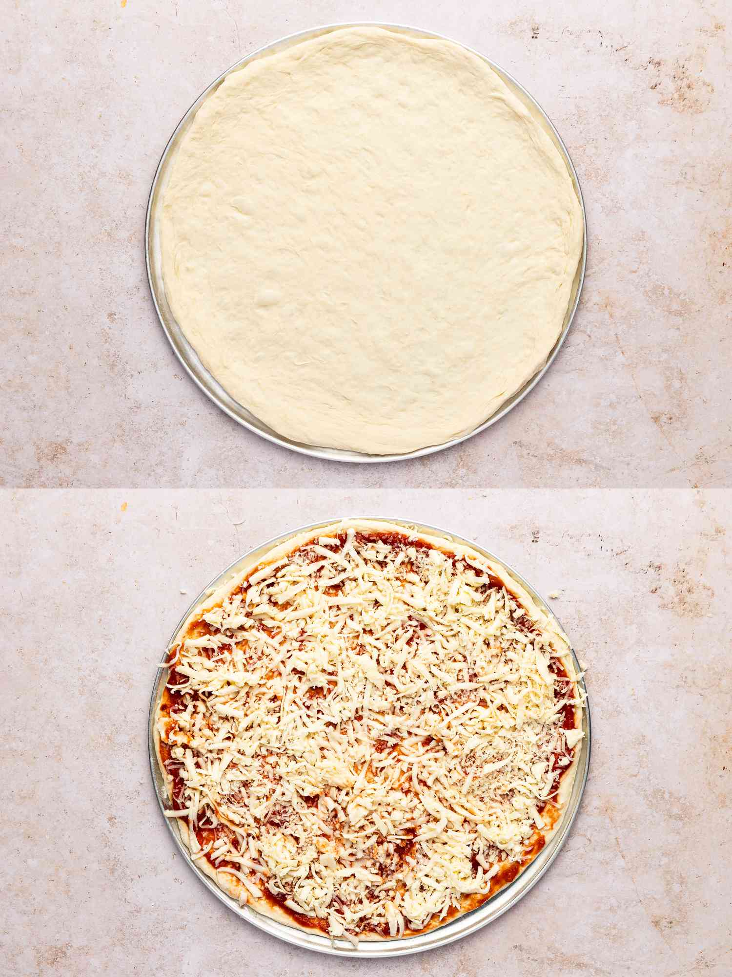 Pizza dough topped with parmesan cheese, sauce, and shredded cheese