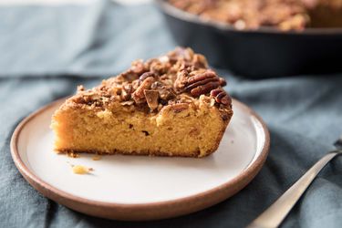 Side view of plated slice of pumpkin skillet coffee cake